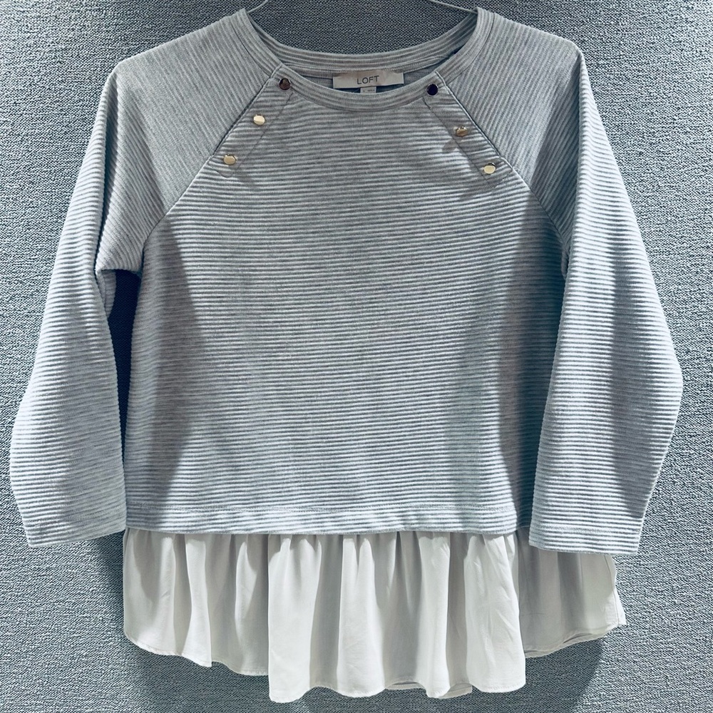 LOFT Gray Striped Top with Gold Buttons and Ruffle Bottom
